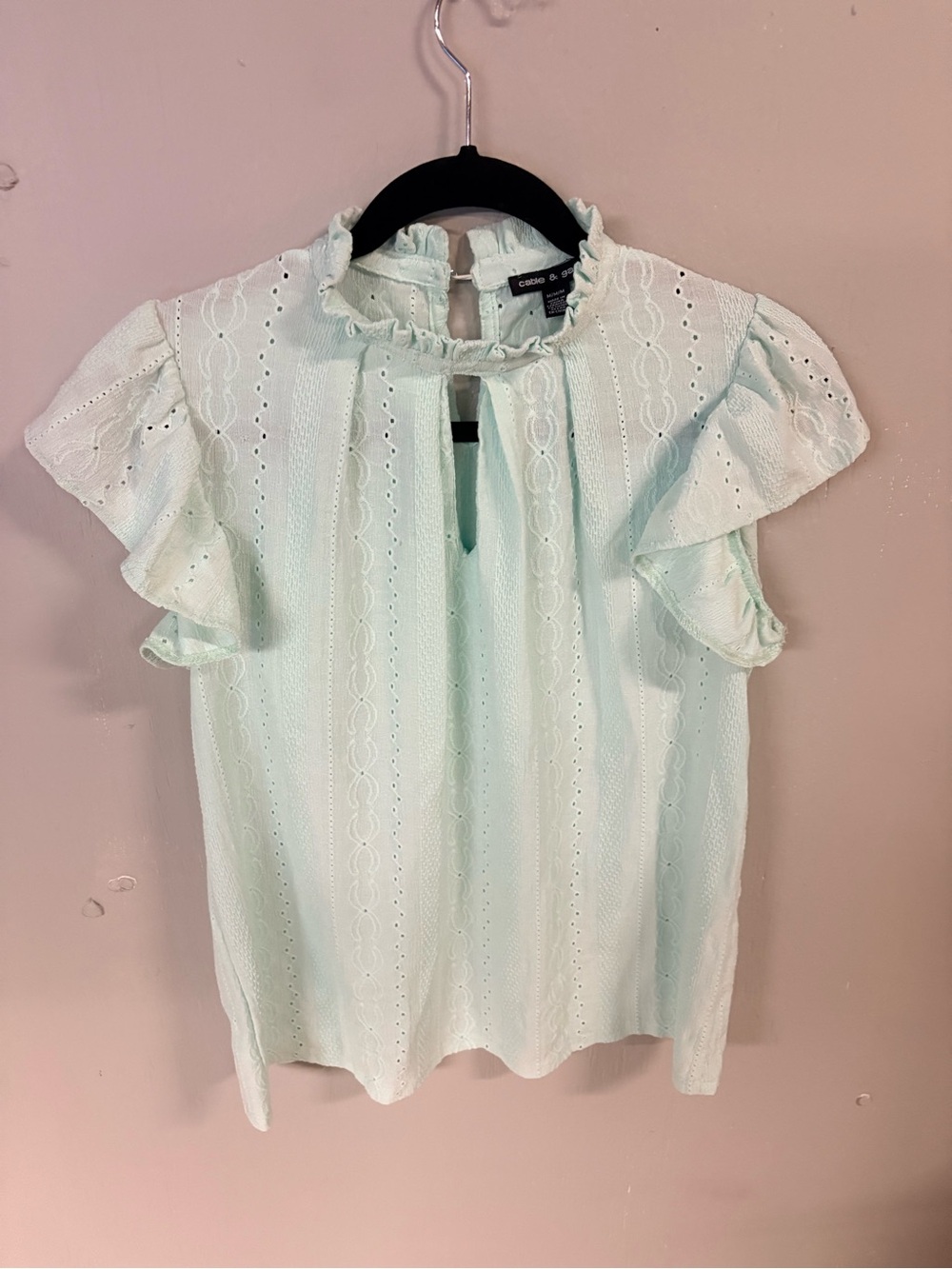 Cable & Gauge Mint Eyelet Ruffle Sleeve Blouse